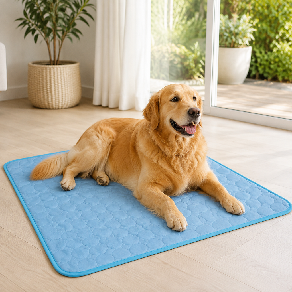 Golden retriever resting on a blue quilted cooling dog mat