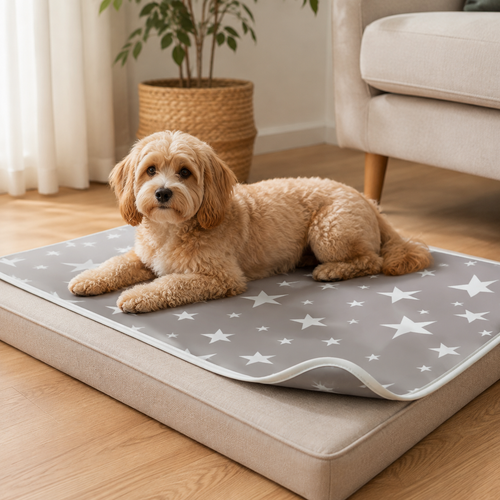 DryGuard Washable Waterproof Bed Protector in grey star print on a dog bed
