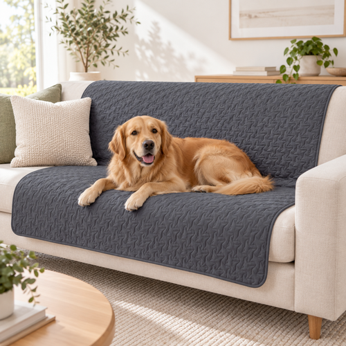 Golden retriever resting on a Dark Grey DryNest Waterproof Pet Blanket protecting a sofa