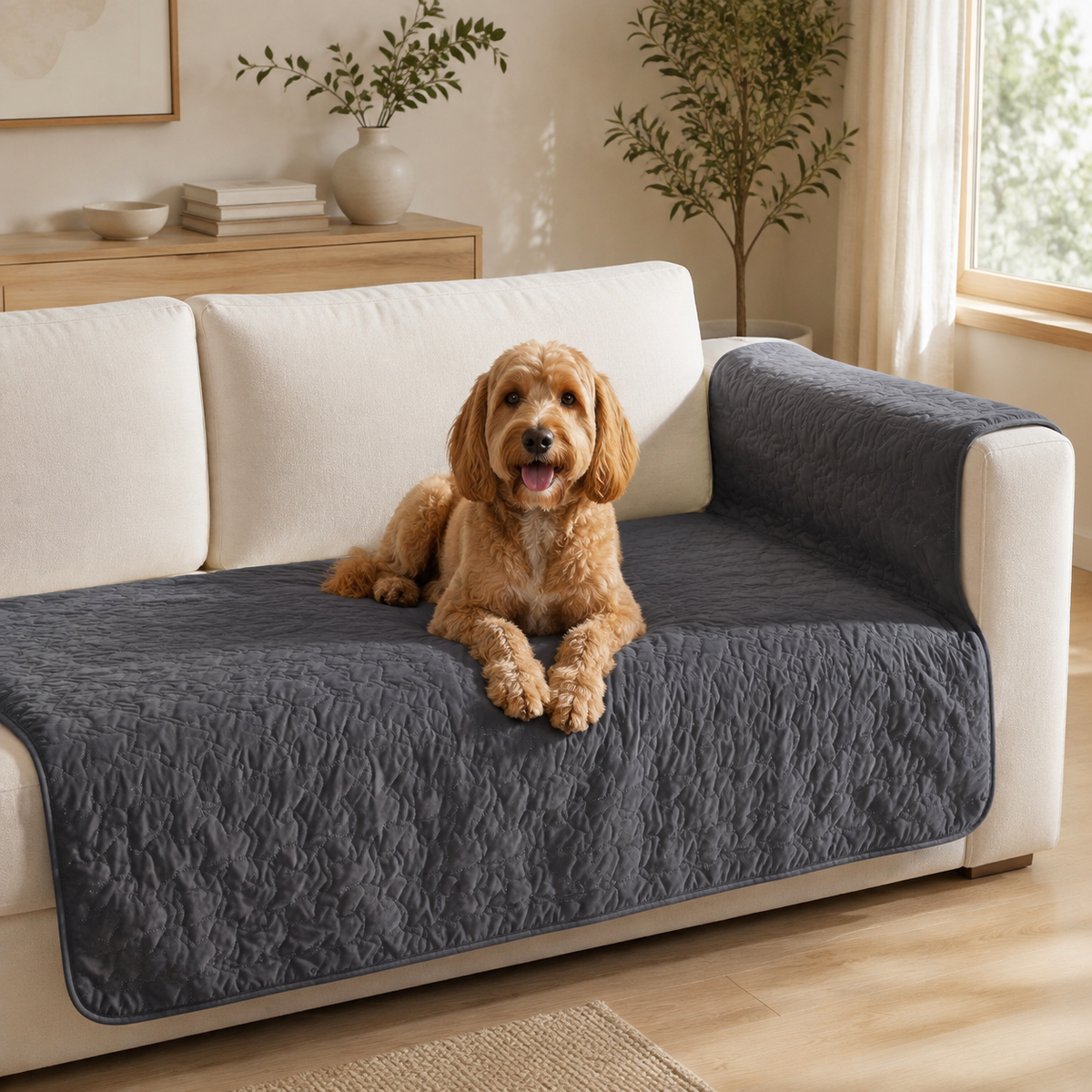 DryNest Waterproof Pet Blanket protecting a cream sofa
