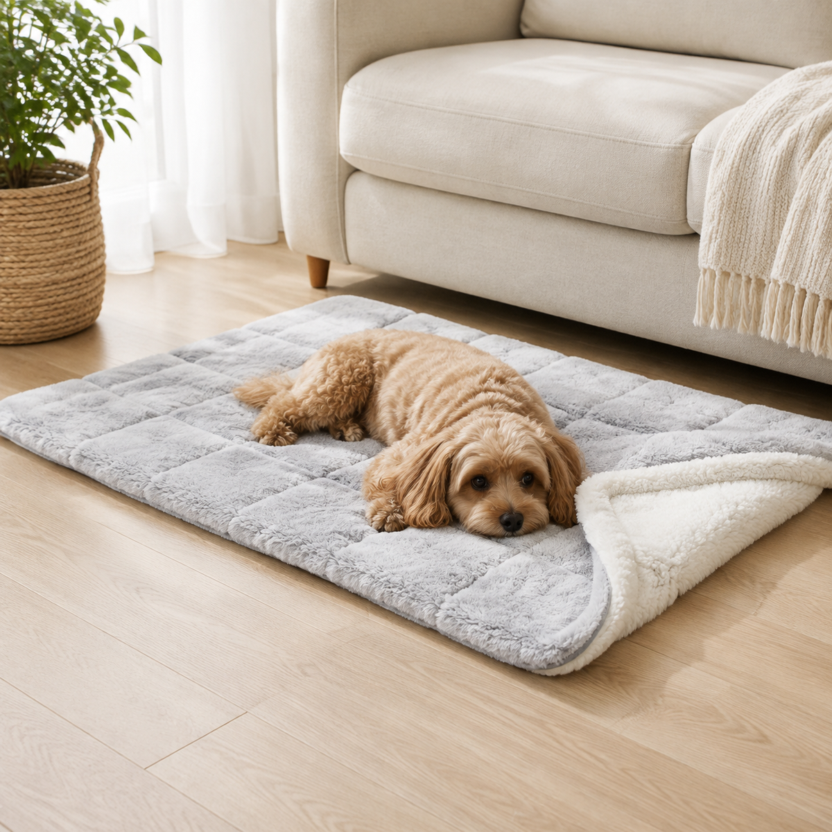 Everyday Reversible Fleece Dog Mat showing light grey plush and white sherpa sides