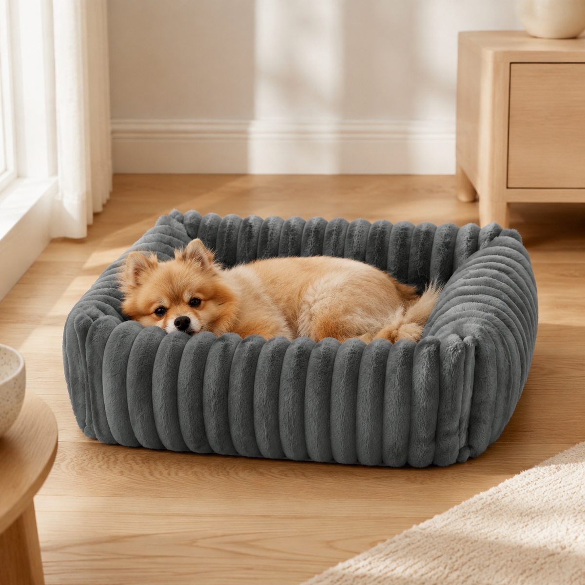 NestRest Washable Bolster Dog Bed in dark grey with a small dog resting inside