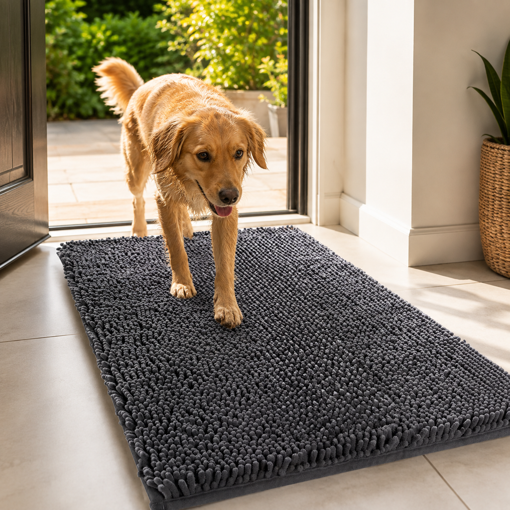 PawCatch Absorbent Dog Door Mat in dark grey at a home entrance