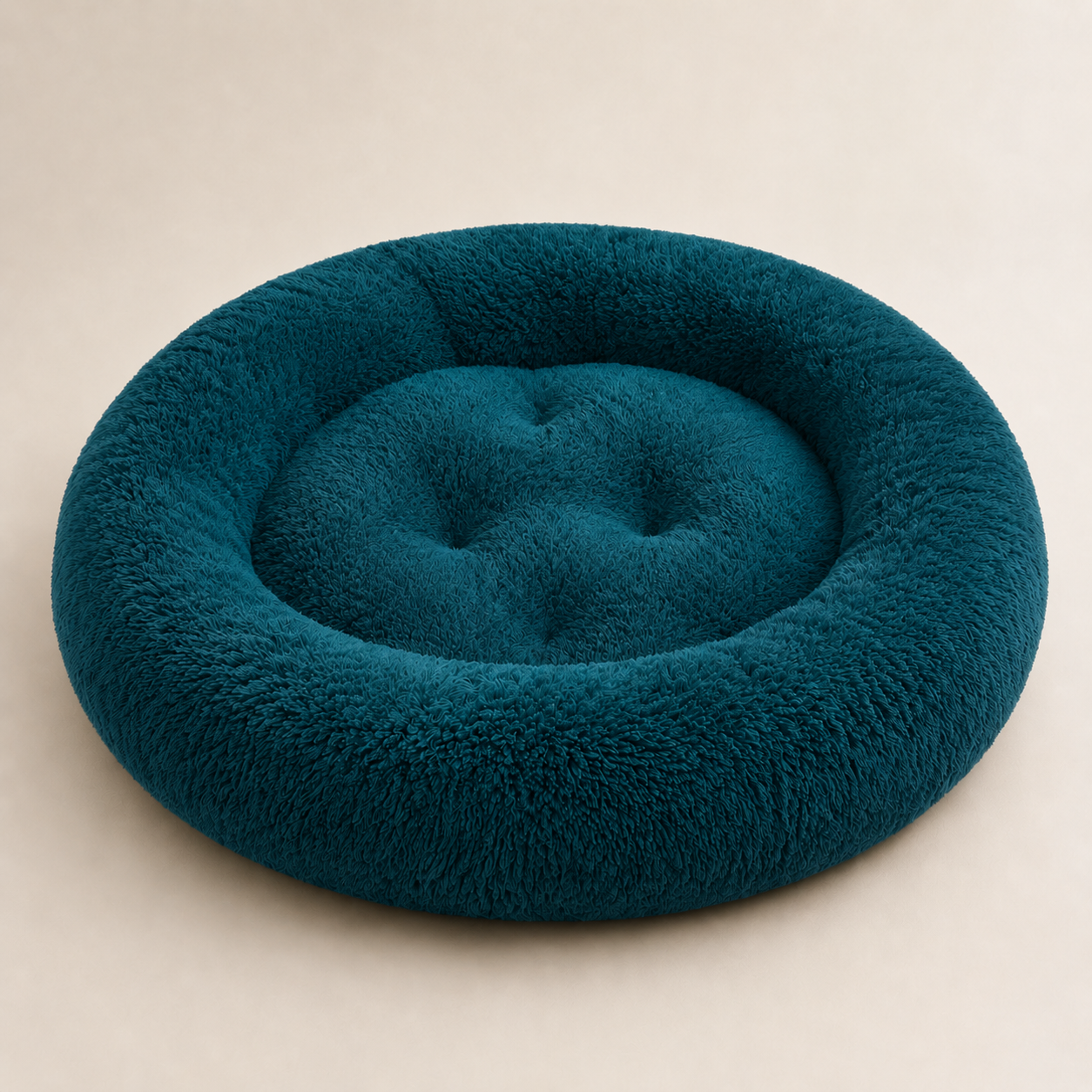 Dark blue plush round dog bed