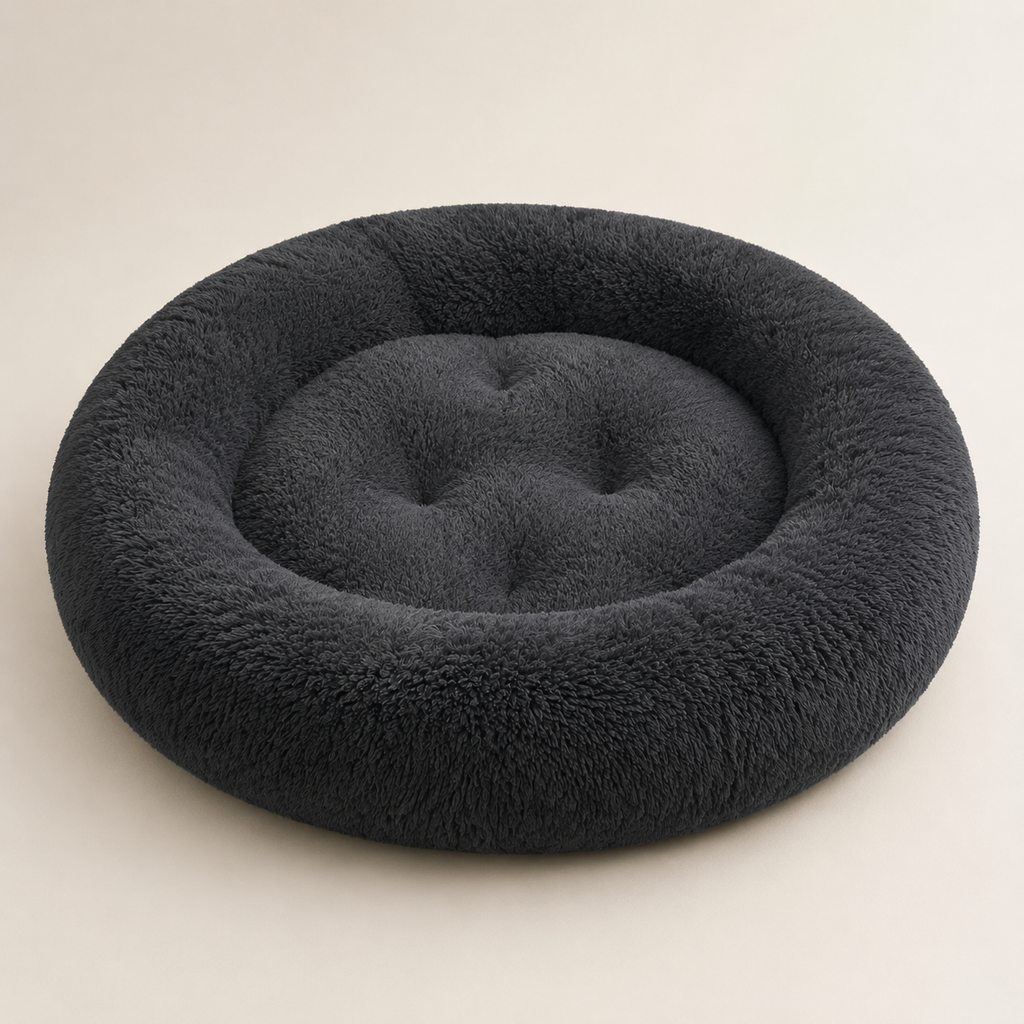 Dark gray plush round dog bed