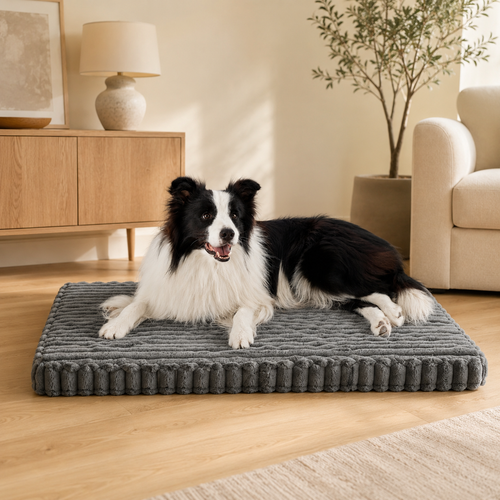 SupportRest Wave Foam Dog Bed in dark grey in a warm neutral living room