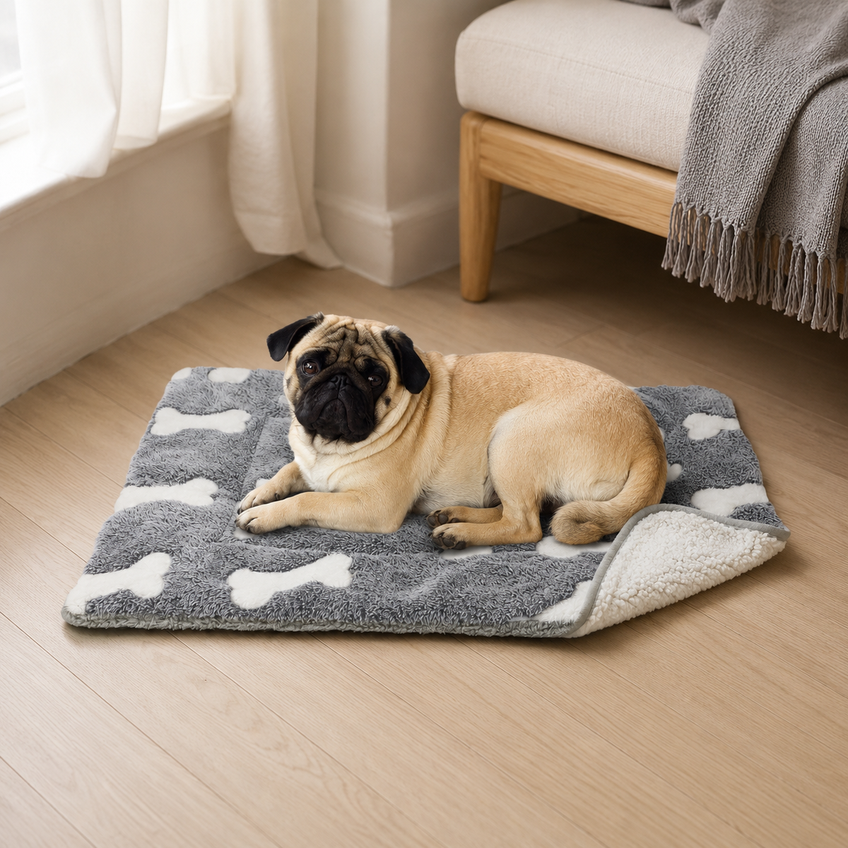 WarmRest Reversible Fleece Dog Mat in grey bone print with white sherpa reverse