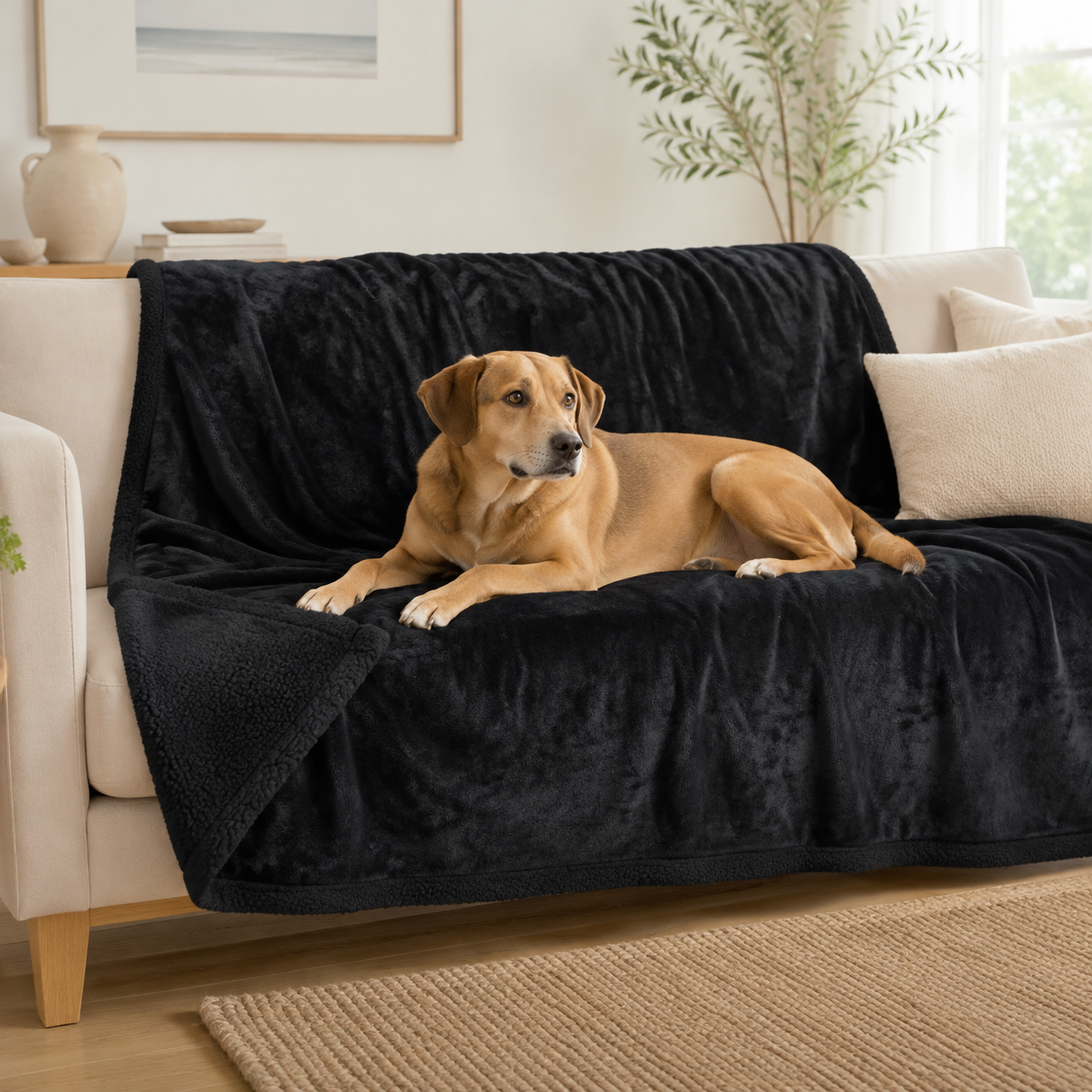 Tan dog resting on a charcoal waterproof pet furniture throw